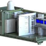 Computergenerierte Darstellung eines Containers mit Arbeitsplätzen und weiterer Ausstattung