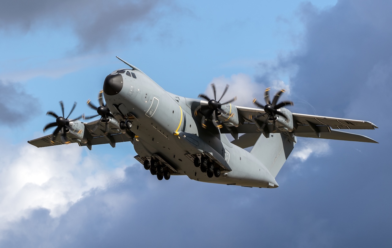 German Air Force Airbus A400M transport plane taking off from it's homebase Fliegerhorst Wunstorf. Wunstorf, Germany - September 20, 2022