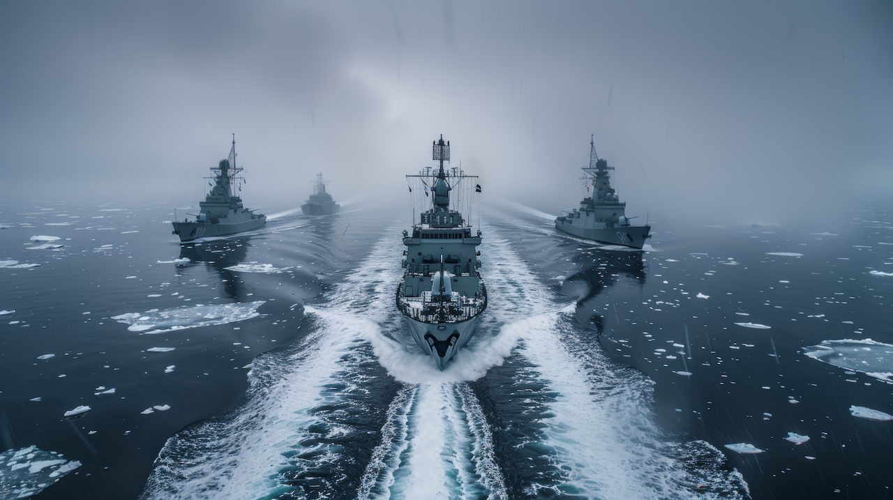 Navy patrol unit. Warships sailing in the icy Arctic waters Arctic navy maneuvers The frigate moved in formation.