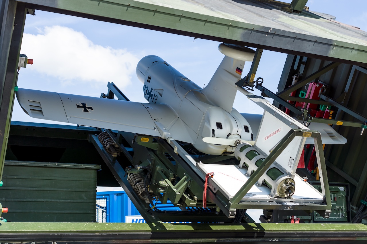 BERLIN, GERMANY - JUNE 03, 2016: An unmanned aerial vehicle (UAV) with stealth characteristics Rheinmetall KZO in the start position. German Army. Exhibition ILA Berlin Air Show 2016