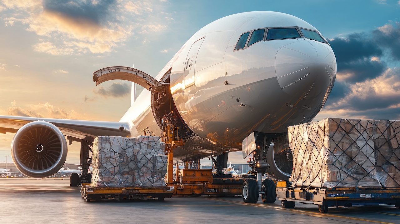 A large cargo plane being loaded with goods at an airport, part of a global air freight operation