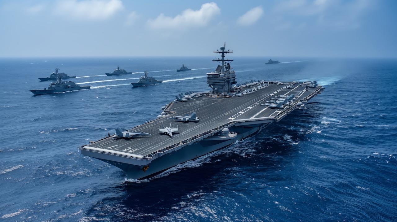 Aircraft carrier leading a fleet of naval warships in the open ocean, representing military power and strategic maritime operations, Generative Ai