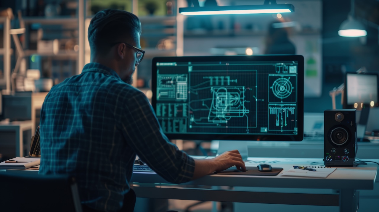 Over the shoulder photograph of an engineer working with a mock-up screen on a desktop computer. The background picture shows an engineering facility with a team of engineers working on blueprints