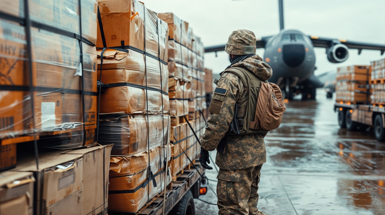 Soldier supervising humanitarian aid unloading from military cargo plane