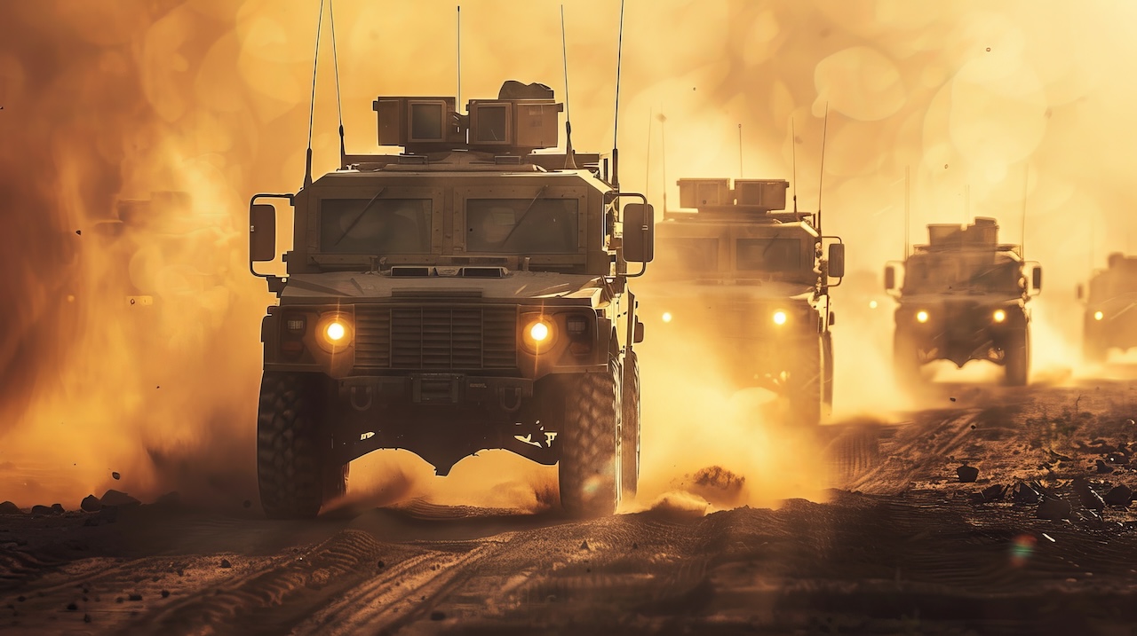 Convoy of military vehicles, transporting essential equipment on a rugged road, dynamic scene with dust trails