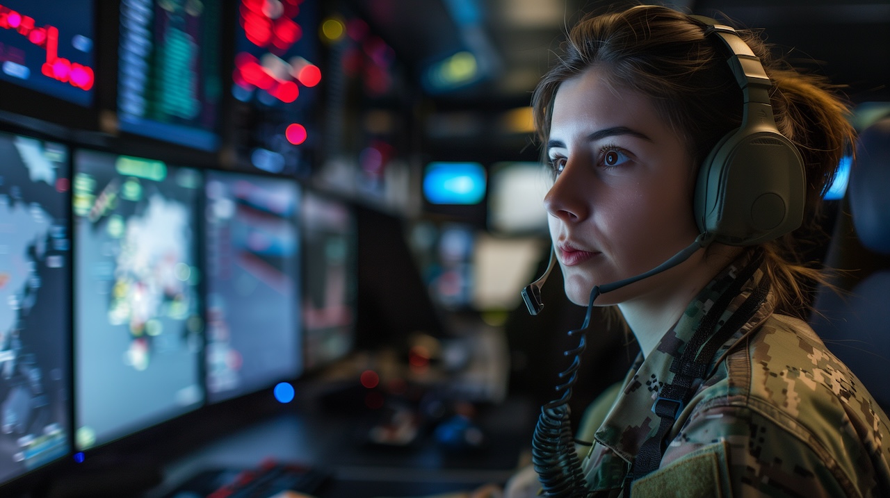 Inside a joint military operations center, a strategic-minded woman officer wears headphones and uses a control panel to coordinate joint exercises and cross-functional missions