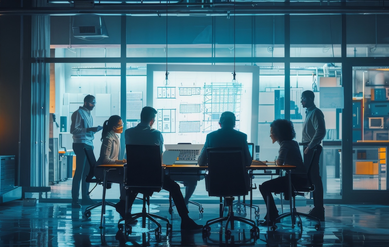 A team of engineers gathers around a conference table in the factory office, examines mechanisms, seeks solutions, uses a laptop. Industrial Technology Factory Meeting Room.