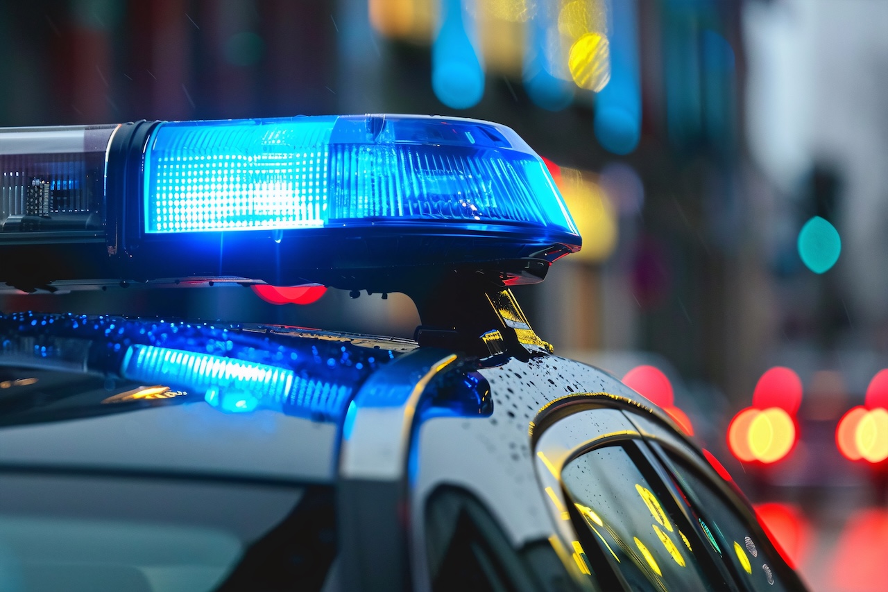 Close up of blue police car light. Generative AI